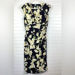Lauren Ralph Lauren Midi Dress Women 6 Blue  Yellow Floral  Scoop Neck Pullover